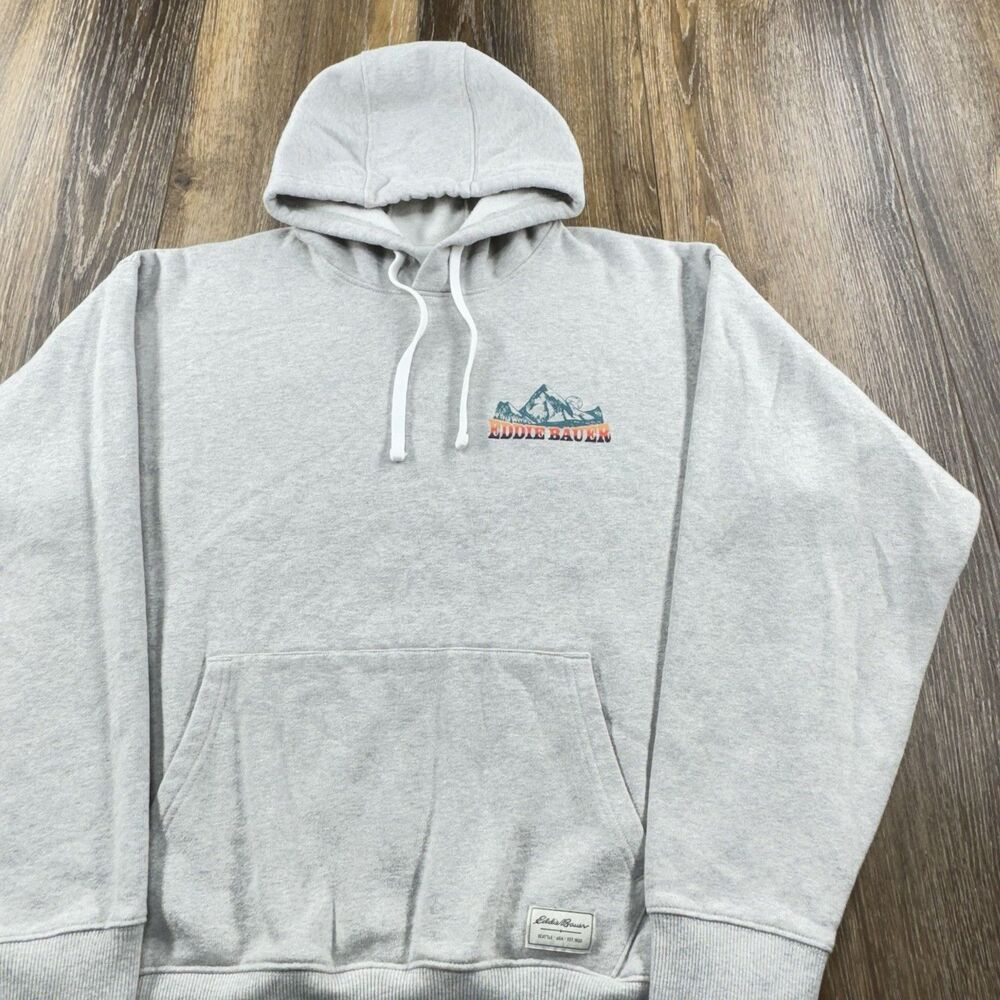 Vintage Eddie Bauer Hoodie Mens M Gray Sweatshirt Up North Lake Cabin Mountain